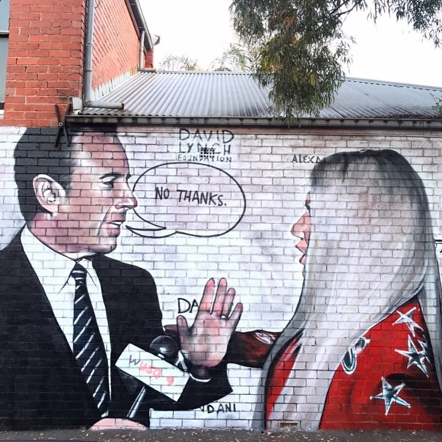 Lushsux painted this mural of Kesha getting rejected by Jerry Seinfeld. Courtesy of Its Mike Larry.