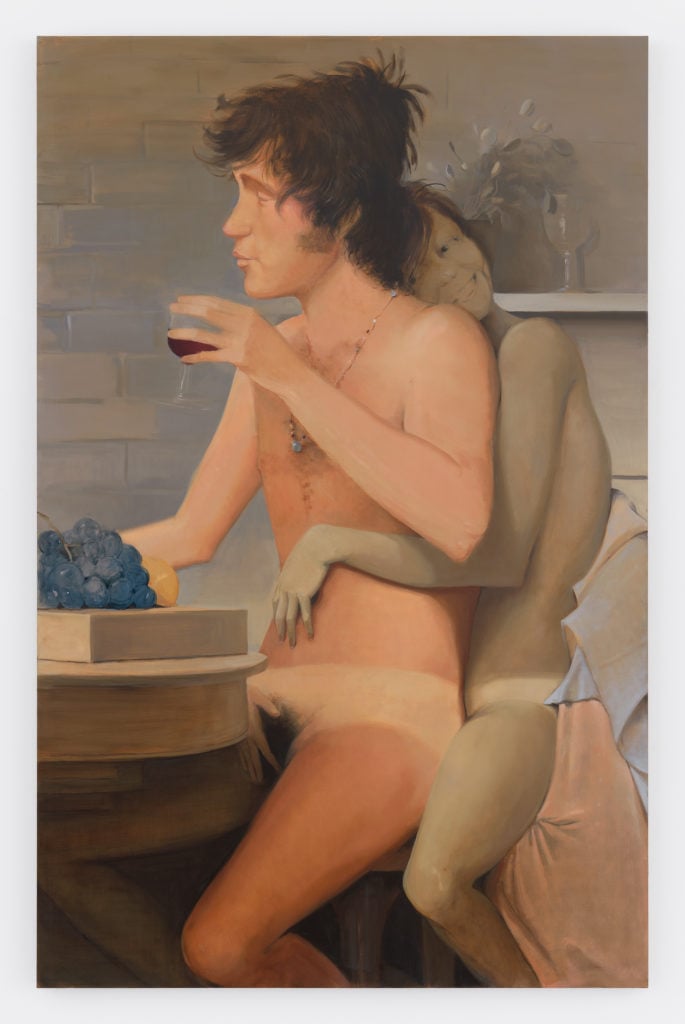 Wine and Cheese, 2017 Oil on linen 77 1/2 x 50 1/8 inches (196.9 x 127.3 cm) Courtesy the artist and David Zwirner, New York/London