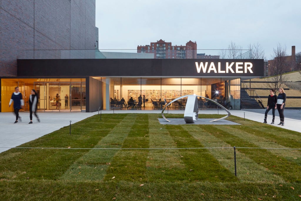 The Walker's new entrance, with Liz Larner's X. Courtesy of the Walker Art Center.