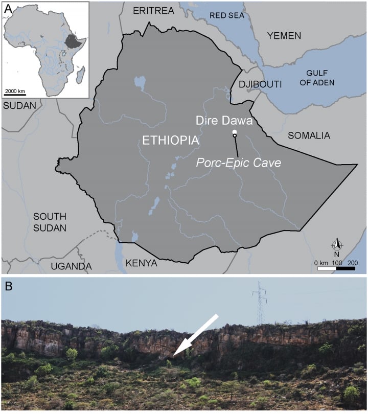 A map showing the location of Porc-Epic Cave in Ethiopia, and a photo of its surroundings. © 2017 Daniela Eugenia Rosso of the University of Barcelona and Francesco d'Errico and Alain Queffelec.