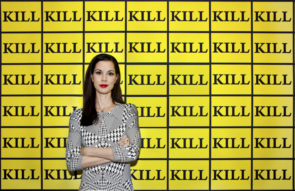 Julia Stoschek, with Kill-Wallpaper, (2003) by Sturtevant. Photo courtesy Şirin Şimşek.