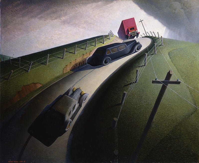 Grant Wood, <em>Death on the Ridge Road</em> (1935). Courtesy of the Williams College Museum of Art, Williamstown, Massachusetts. Gift of Cole Porter. Art © Figge Art Museum, successors to the Estate of Nan Wood Graham/Licensed by VAGA, New York.
