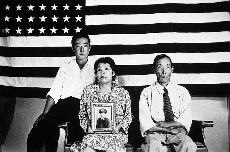 The Hirano family, left to right, George, Hisa, and Yasbei. Colorado River Relocation Center, Poston, Arizona., 1942. Courtesy of the FDR Presidential Library & Museum.