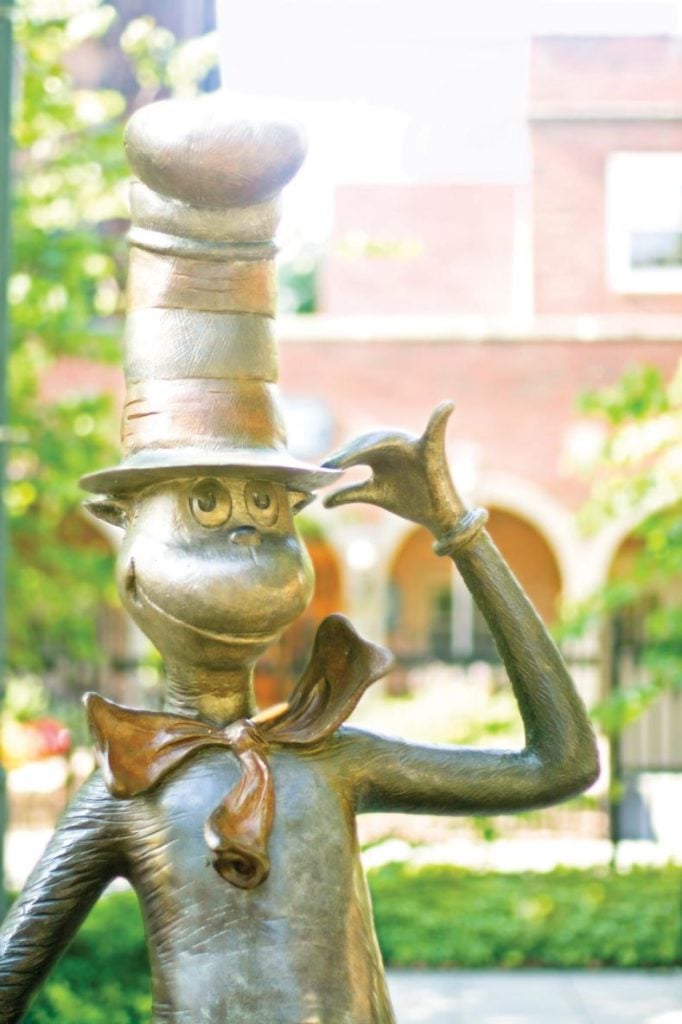 A sculpture of the iconic Cat in the Hat at the Dr. Seuss National Memorial Sculpture Garden. Courtesy of the Amazing World of Dr. Seuss.