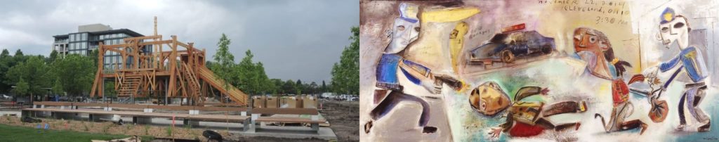 Left: Sam Durant's Scaffold at the Walker Art Center, Right: Tom Megalis' Within 2 Seconds, The Shooting of Tamir Rice(2017).