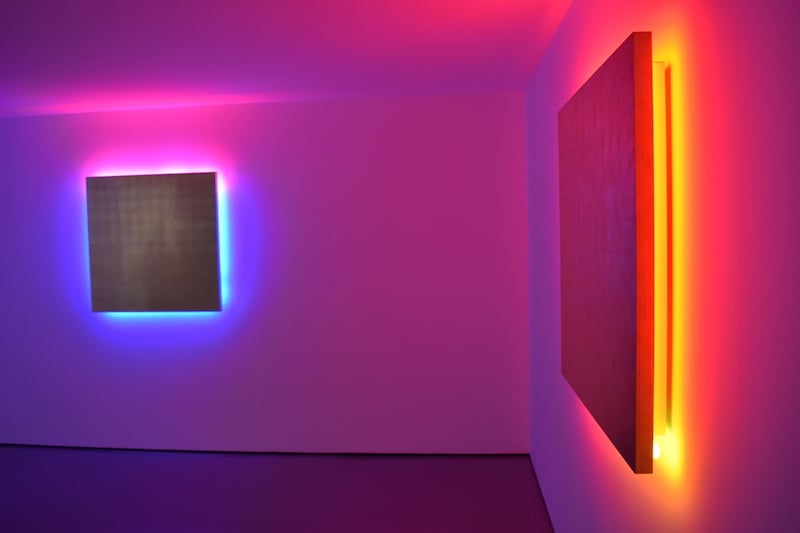 Installation view of neon and foil works by Stephen Antonakos (all from the late 1980s). Image: Ben Davis.