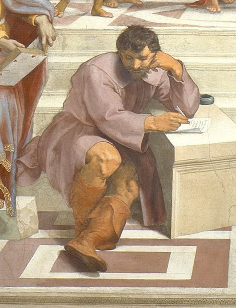 Raphael painted a sulking Michelangelo as Heraclitus in <em>The School of Athens</em> (detail). Collection of the Vatican Museums. 