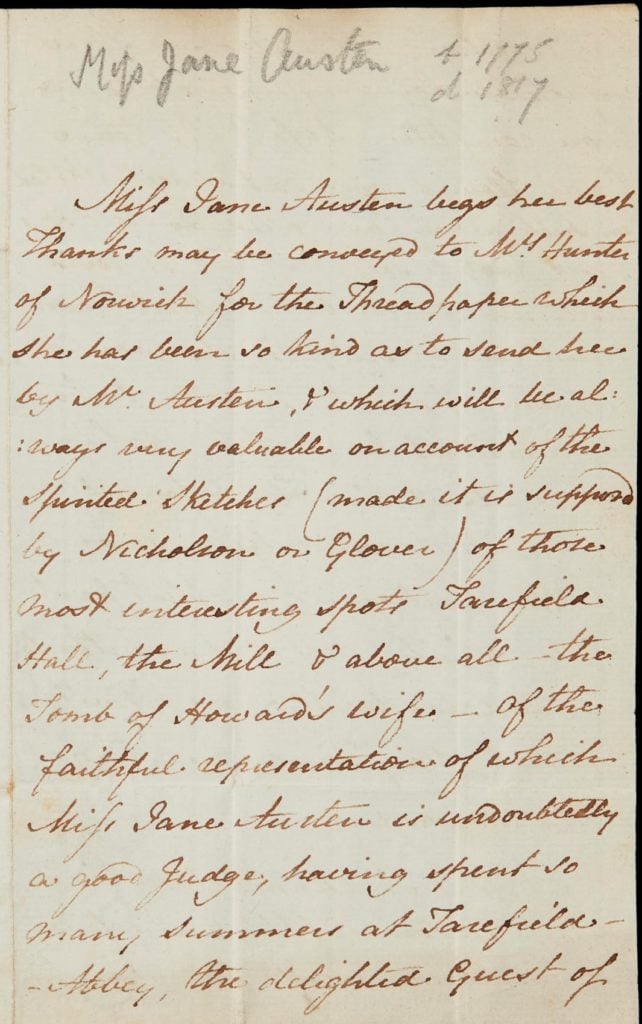 Jane Austen’s letter about <em>Lady Maclairn, the Victim of Villany</em>. Courtesy of Sotheby's.