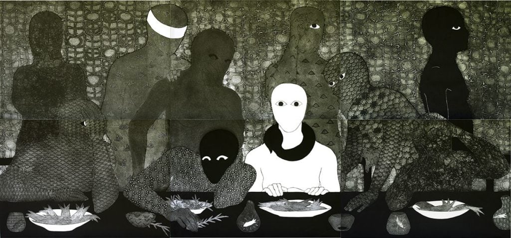 Belkis Ayón's <i>La cena (Last Supper)</i> (1991), in “NKame: A Retrospective of Cuban Printmaker Belkis Ayón,” at El Museo del Barrio. Collection of the Belkis Ayón Estate.