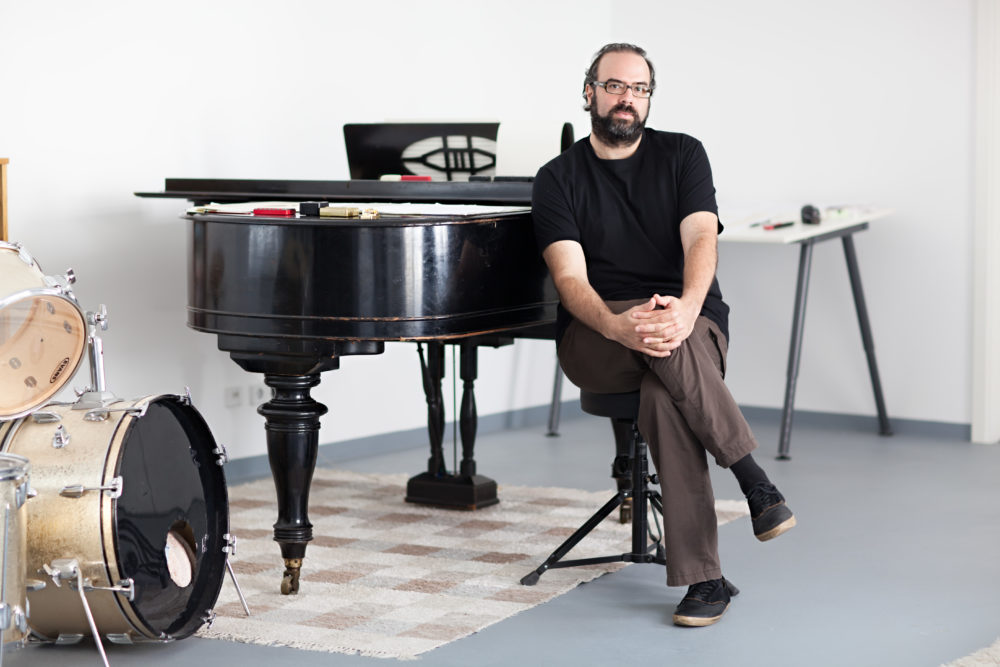 Composer Ari Benjamin Meyers in his Berlin studio.