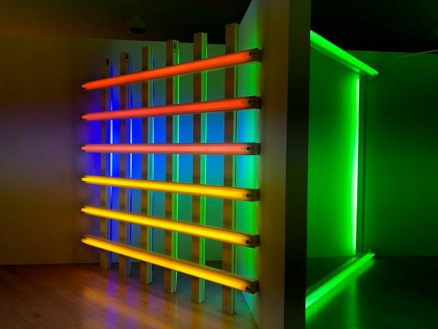 Dan Flavin's <i>untitled (in honor of Harold Joachim) 3,</i> (1977) and <i>untitled (to Katharina and Christoph)</i>, (1971) at the Dan Flavin Art Institute. Photo by Andrea Glimcher.