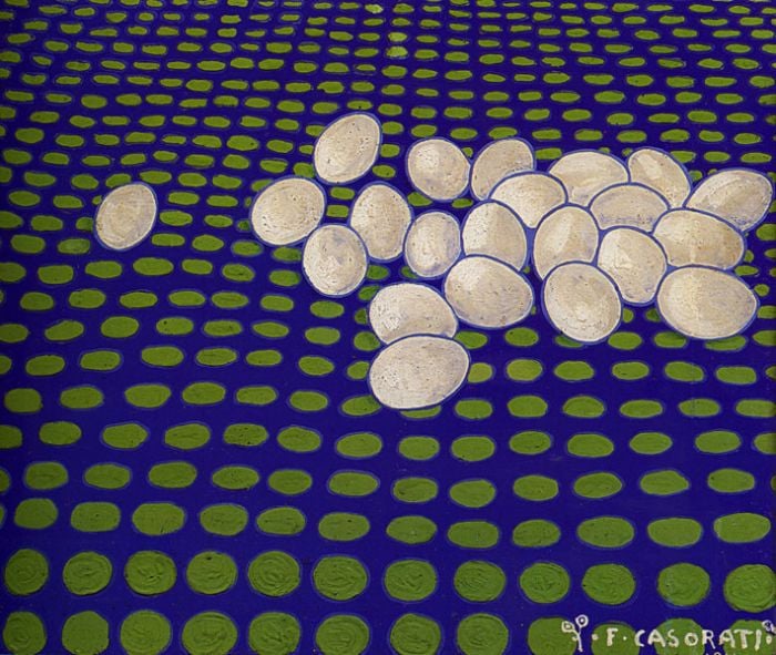 Felice Casorati, <i>Joke: Eggs or Egs on a Green Carpet </i>,(1914-15). Collezione Fondazione Francesco Federico Cerruti per l’Arte long-term loan to Castello di Rivoli Museo d’Arte Contemporanea, Rivoli-Torino.