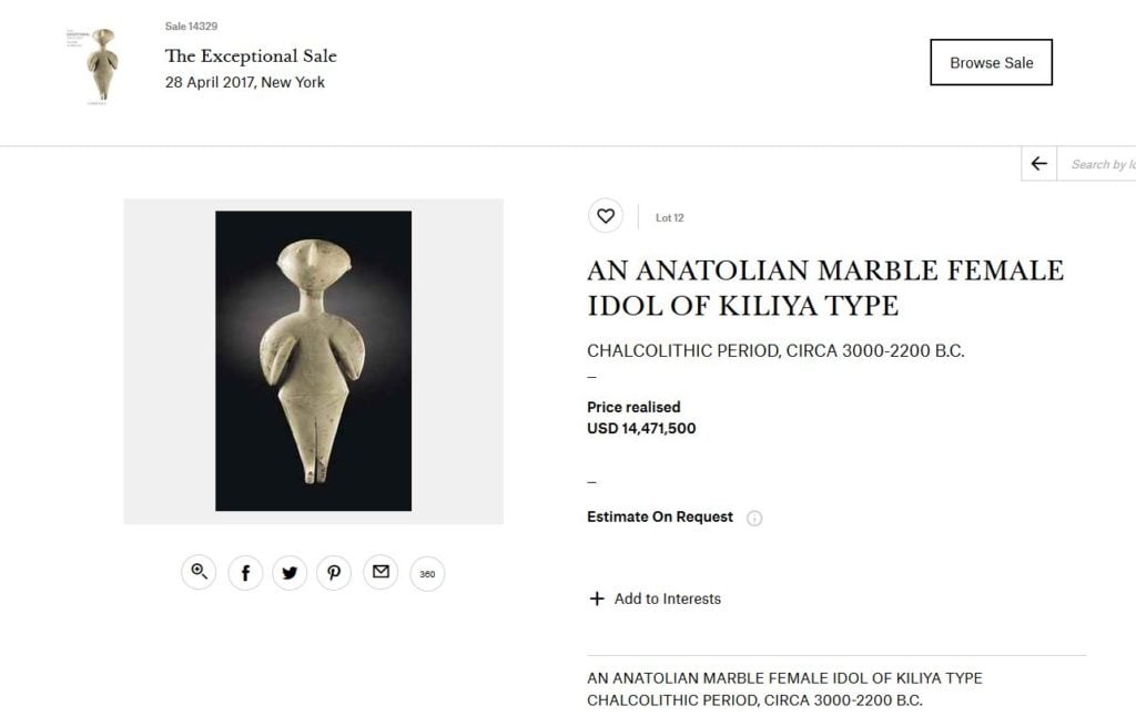The antiquity as featured on Christie's website as part of The Exceptional Sale. Image via Christies.com