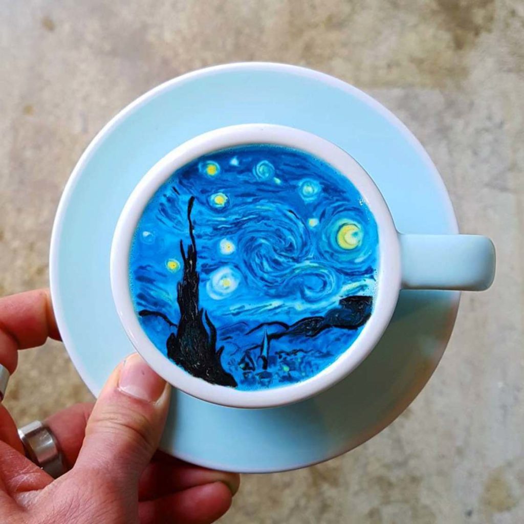 South Korean barista Lee Kang-bin painted this latte to resemble Vincent van Gogh's Starry Night. Courtesy of Lee Kang-bin via Instagram.