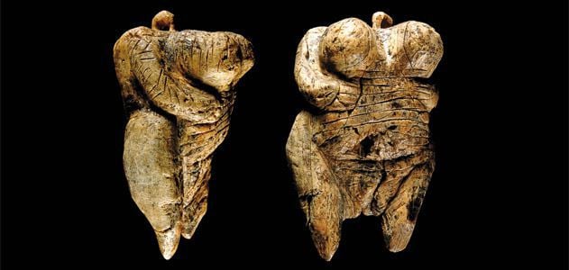 Venus of Hohle Fels is a 35,000 to 40,000-year-old figurine carved from mammoth ivory thought to the be the oldest figurative human art in the world. Courtesy of H. Jensen/University of Tübingen.