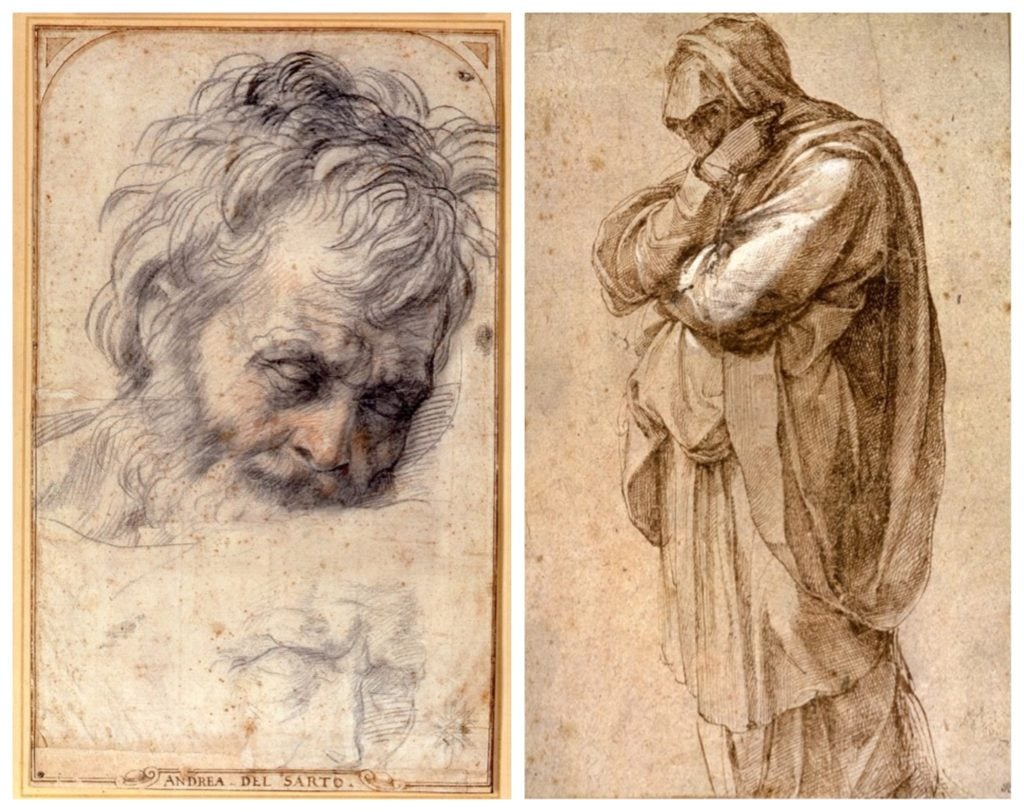 L: Andrea del Sarto's Head of Saint Joseph (c.1526–1527). R: Michelangelo's Study of a Mourning Woman (c.01500–1505). Images courtesy of the J. Paul Getty Museum.