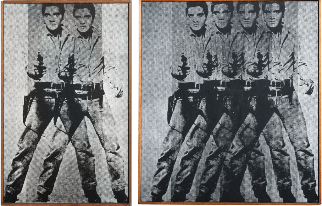 More Elvises equals less money: two versions of Richard Pettibone’s Warhol Elvis, both at Sotheby's, the one on left went for $226,818 and, on the right, for nearly half that amount.