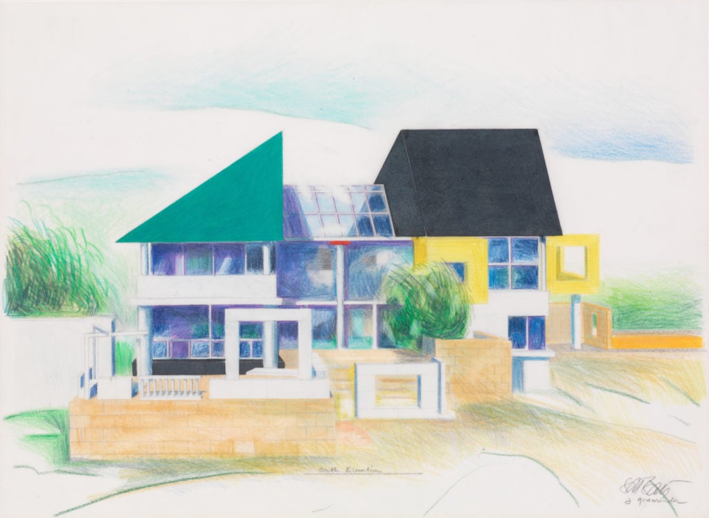 Ettore Sottsass (Italian, 1917-2007) Executed Design, May 1988: South Perspective (under construction), Daniel Wolf Residence, Ridgeway, Colorado 1986 Graphite, colored pencil, and wax crayon on paper The Metropolitan Museum of Art, Gift of Daniel Wolf, 2017 © Studio Ettore Sottsass Srl