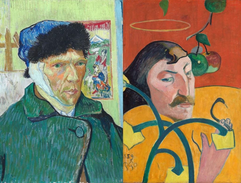 Vincent van Gogh, <em>Self Portrait With Bandaged Ear</em> (1889), detail. Collection of the Courtauld, London (Samuel Courtauld Trust). Paul Gauguin, <em>Self-Portrait with Halo and Snake</em> (1889). Collection of the National Gallery of Art, Washington, D.C.