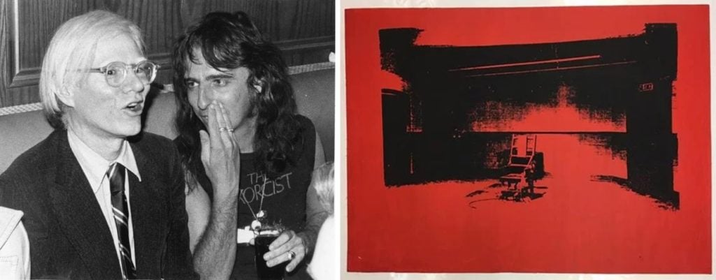 L: Warhol and Alice Cooper in 1974, courtesy Bob Gruen.; R: Warhol's <i>Little Electric Chair</i> gifted to Cooper, courtesy of Alice Cooper.