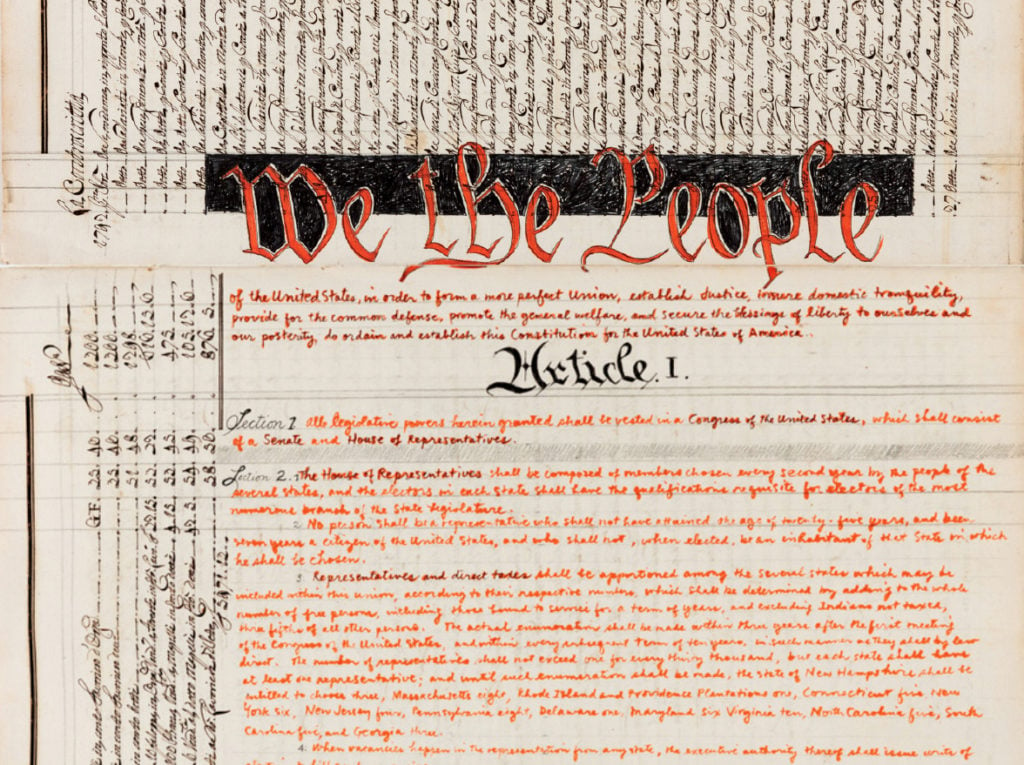 Morgan O'Hara, a handwritten copy of the Constitution written on 18th-century handmade Italian paper, part of her "Handwriting the Constitution Project." Courtesy of Morgan O'Hara.