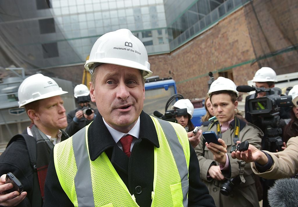 Steve Green, chairman of the Museum of the Bible board of directors and president of the Hobby Lobby craft store chain, speaks following a press conference at the site of the Museum of the Bible on February 12, 2015 in Washington, DC. Photo: Mandel Ngan/AFP/Getty Images.