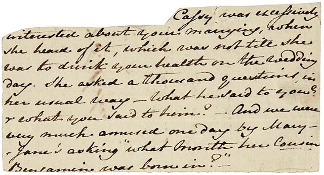 A fragment of a Jane Austen’s letter to her niece, Anna Lefroy. Courtesy of Sotheby's.