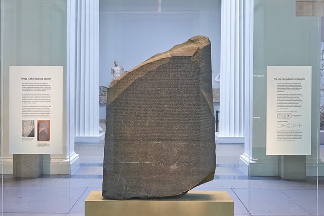 Rosetta Stone on view at the British Museum. Courtesy of the British Museum.