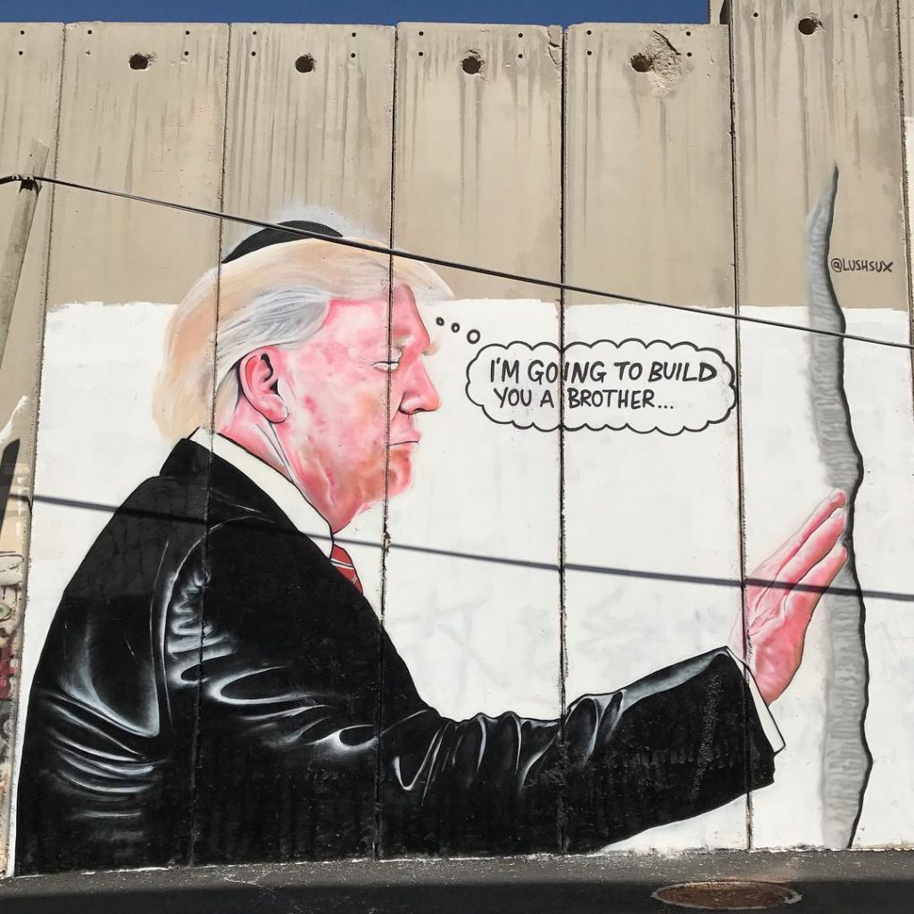 This Donald Trump mural by Lush on the West Bank wall in Israel was mistaken for a work by Banksy. Courtesy of Lush via Instagram.