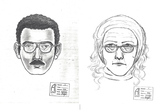 Un croquis de la police des suspects du braquage de Kooning en 1985 publié peu de temps après le crime.  Les voleurs étaient probablement Jerry et Rita Alter.  Image reproduite avec l'aimable autorisation du service de police. 