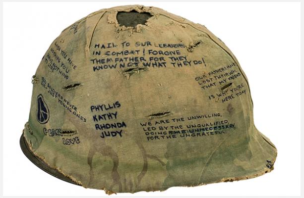 Helmet cover from Hamburger Hill. Courtesy of Salvador L. Gonzalez, 101st Airborne Division, 3rd Brigade, 1/506th Light Infantry, D Company, 1969. Courtesy of the New York Historical Society.