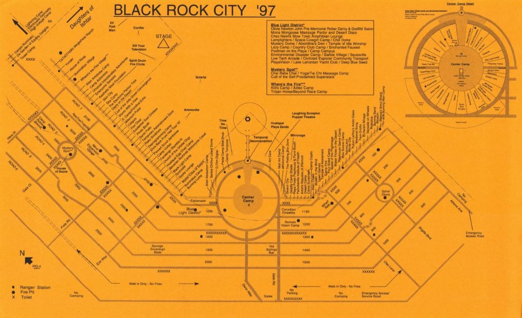 Design for Black Rock City held on a privately-owned section of Hualapai Flat. Design by Rod Garrett, with camp placement by Harley K. Dubois, and text design by Scout Addis (1997). Courtesy of Burning Man Project.