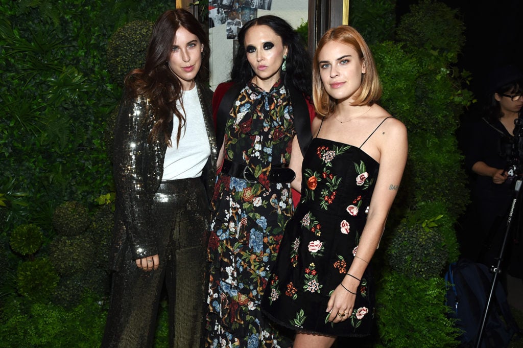 Designer Stacey Bendet poses with actresses Scout Willis and Tallulah Willis at Alice + Olivia's fashion show during September 2017 New York Fashion Week. Courtesy of Jamie McCarthy/Getty Images.