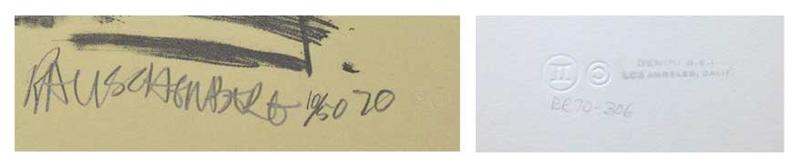 Composite of two details, recto and verso, showing artist's signature, print number, and the Gemini G.E.L. chop mark and stamp. Image courtesy of SFMoMA, © Gemini G.E.L., Los Angeles California.