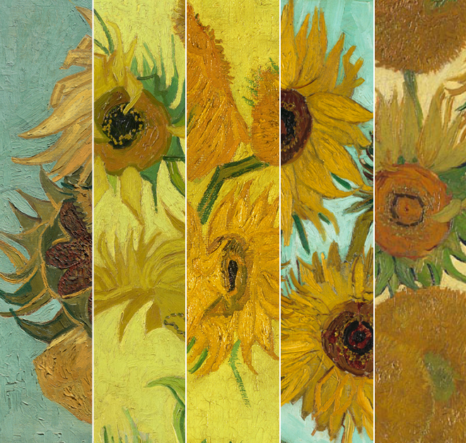 Details from the five Vincent van Gogh Sunflower paintings being included in the Facebook Live virtual exhibition. Courtesy of the Philadelphia Museum of Art.