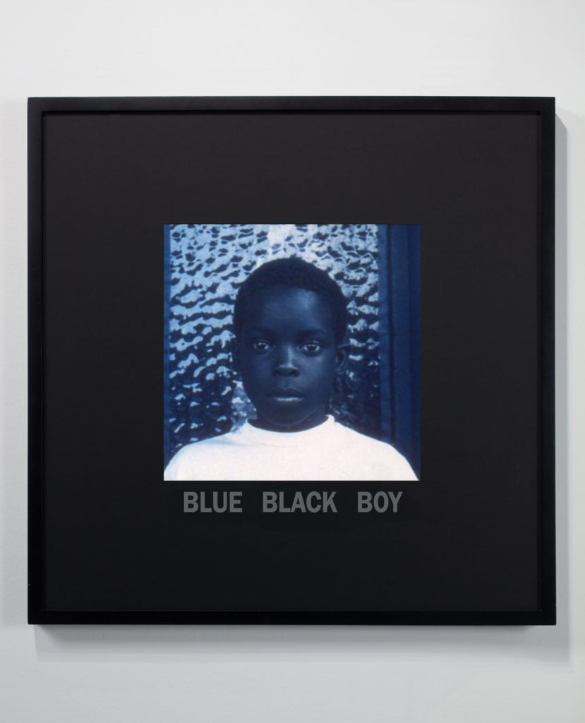 Carrie Mae WeemsBlue Black Boy, 1997Blue-toned print15 3/8 x 15 1/4 inches (39 x 38.7 cm)Framed: 31 1/8 x 31 1/8 x 1 7/16 inches (79.1 x 79.1 x 3.8 cm)Collection Jack Shainman, New York© Carrie Mae Weems. Courtesy of the artist and Jack Shainman Gallery, New York.