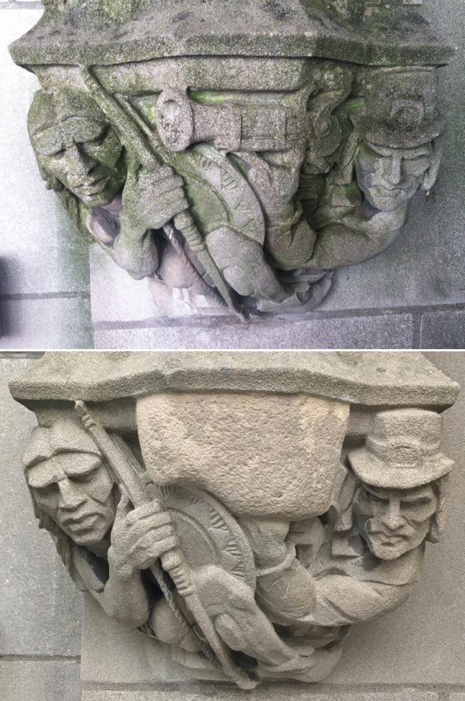 The stone sculpture outside Yale's Sterling Library before and after. Image via: YaleAlumniMagazine.com