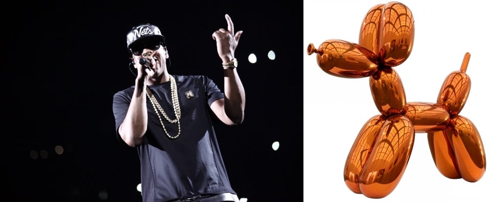 L: Jay Z performing at a concert. Photo: Guillaume Baptiste/AFP/GettyImages. R: Jeff Koons's Balloon Dog (Orange) (1994-2000) , courtesy of Christie's Images Ltd.