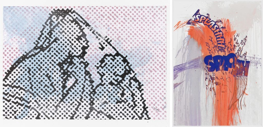 L: Sigmar Polke, <i>Die Frau mit Kind</i> (2009). Courtesy of Mike Karstens Galerie; R: Christian Marclay's <i>Actions: Splashhh Splosh (No. 8)</i> (2012). Courtesy of the artist and Graphicstudio. 