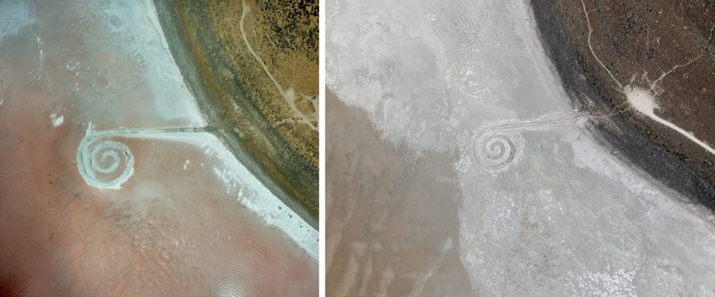 Left: Aerial view in 2005, Robert Smithson's Spiral Jetty (1970). © Holt-Smithson Foundation/Licensed by VAGA, New York. © Aero-graphics, Salt Lake City. Right: Aerial view in 2017.