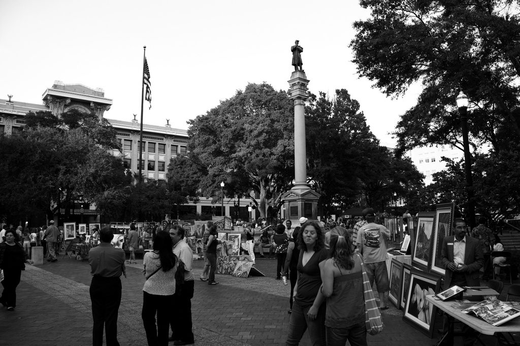 Hemming Park, in Jacksonville, Florida, with a monument to a Confederate soldier. Photo by Jeff Wright, via Flickr.