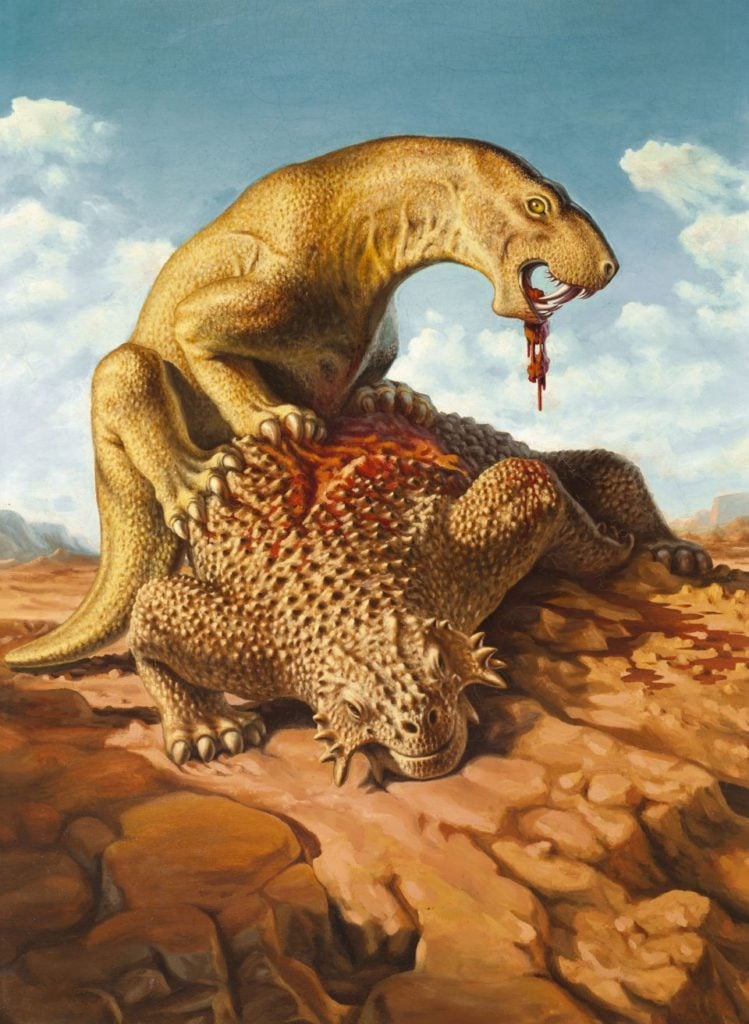 Alexei Petrovich Bystrow's Inostrancevia, devouring a Pareiasaurus(1933). © Borrissiak Paleontological Institute RAS, courtesy of Taschen.