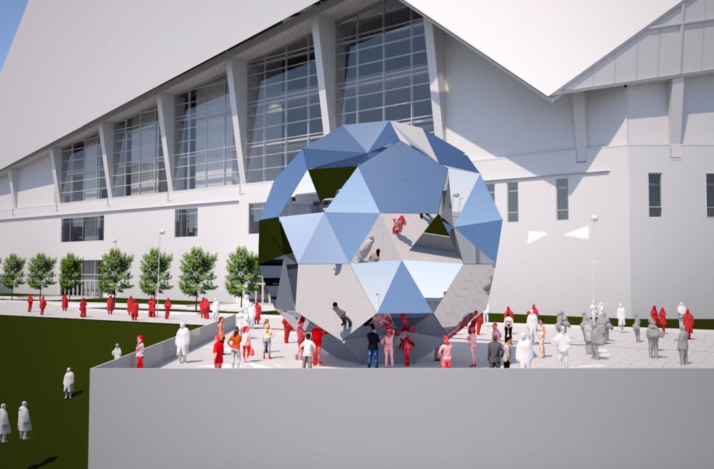 A rendering of the mirrored soccer ball sculpture Studio Roso will create for Atlanta United to sit outside the new Mercedes-Benz Stadium. Courtesy of Studio Roso.