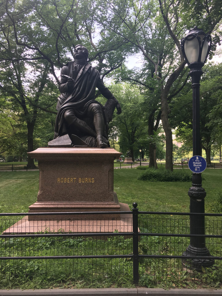 The Robert Burns statue in Central Park, part of David Peter Fox's "Talking Statues" exhibition. Courtesy of New York City Parks Department, Art in the Parks.