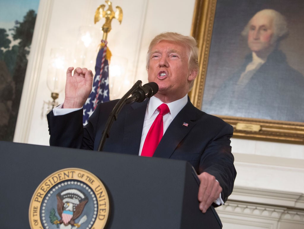 U.S. President Donald J. Trump makes a statement on the violence this past weekend in Charlottesville, VA at The White House in Washington, DC, August 14, 2017. Credit: Chris Kleponis / Polaris