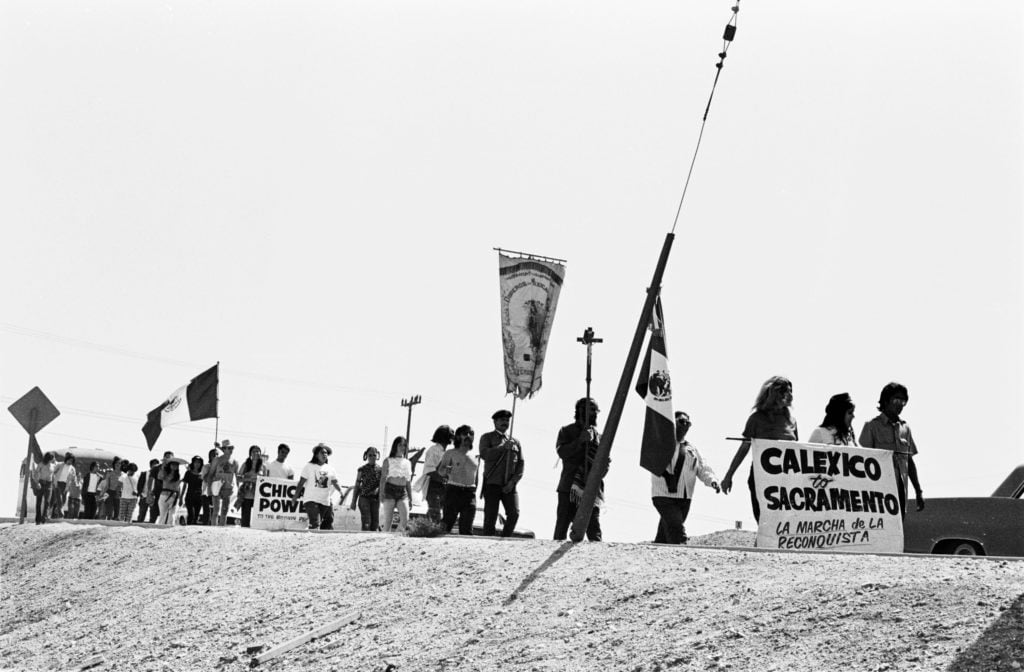 Pedro Arias's La Marcha de la Reconquista Sacramento bound (c. 1971). Courtesy of the photographer and the UCLA Chicano Studies Research Center © Pedro Arias.