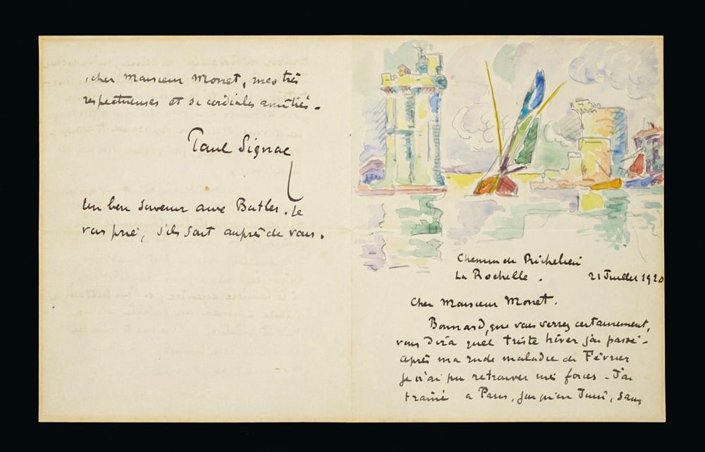 A letter by Paul Signac addressed to his friend Claude Monet , executed in La Rochelle, 21 July 1920, is estimated at $50,000-100,000. Courtesy Christie's.