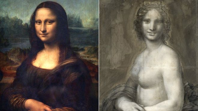 Leonardo da Vinci's Mona Lisa and a possible nude version of the composition by the artist, dubbed the Mona Vanna. Courtesy of the Louvre, Paris, and the Musée Condé, Chantilly.