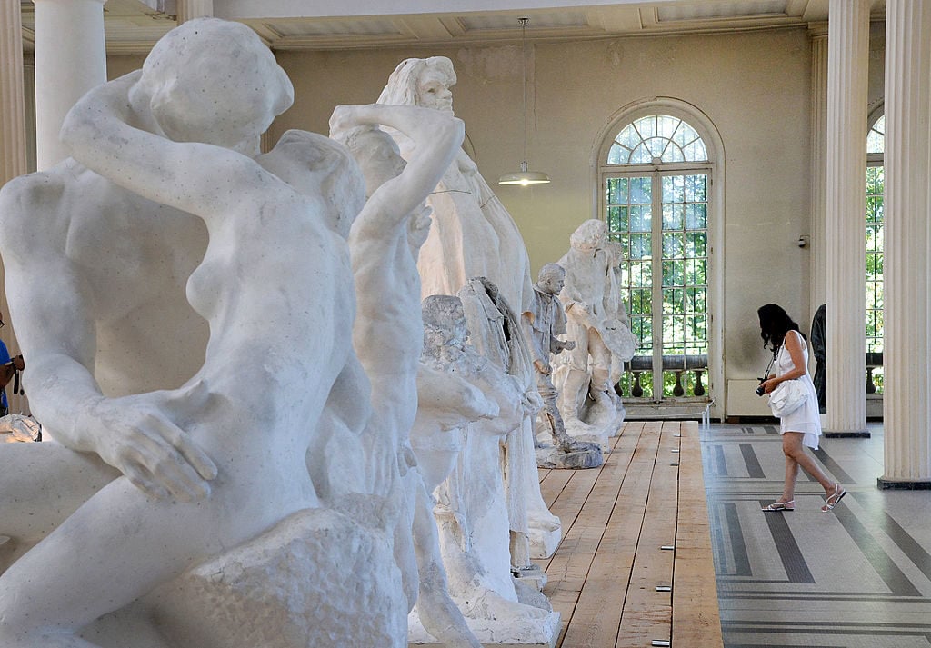 Castings by Rodin displayed in his studio, Meudon. At left, "Le baiser" (The kiss), third left, a casting of French writer Honore de Balzac. Pierre Andrieu/AFP/Getty Images.