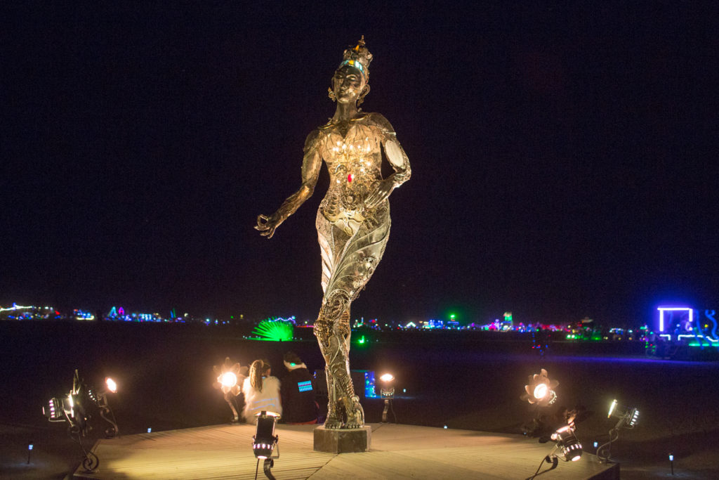 Dana Albany, <em>Tara Mechani</em>, a statue of a robotic female buddha, at Burning Man 2017. Courtesy of the Burning Man Journal/John Curley. 